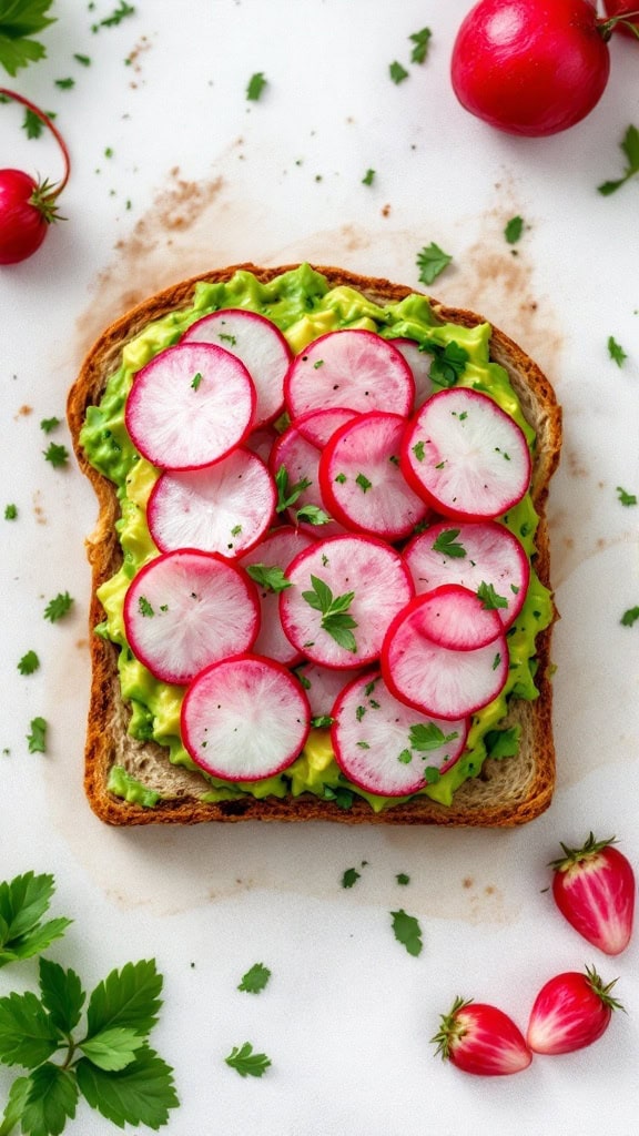 A slice of whole grain bread topped with avocado and sliced radishes, garnished with parsley.