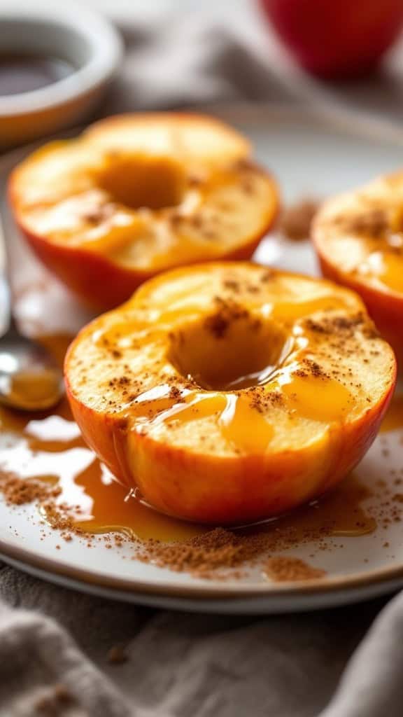 Baked apples drizzled with syrup and sprinkled with cinnamon on a plate.