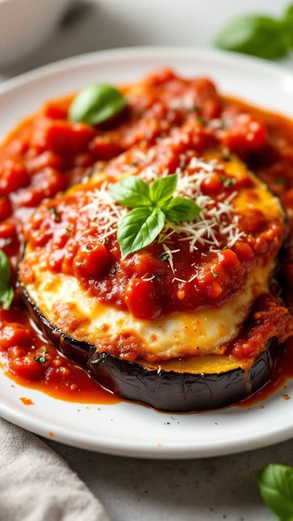 A plate of baked eggplant parmesan topped with marinara sauce and fresh basil.