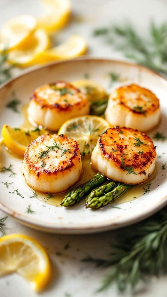 A plate of baked lemon dill scallops with lemon slices and asparagus.