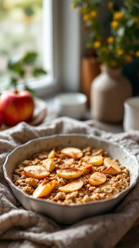 A dish of baked oatmeal topped with apple slices, placed on a cozy kitchen table.