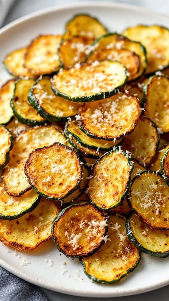 A plate of baked parmesan zucchini chips, crispy and golden with a sprinkle of cheese.