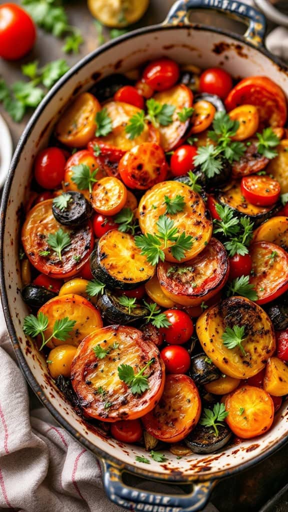 Baked ratatouille featuring colorful vegetables and fresh herbs in a dish.