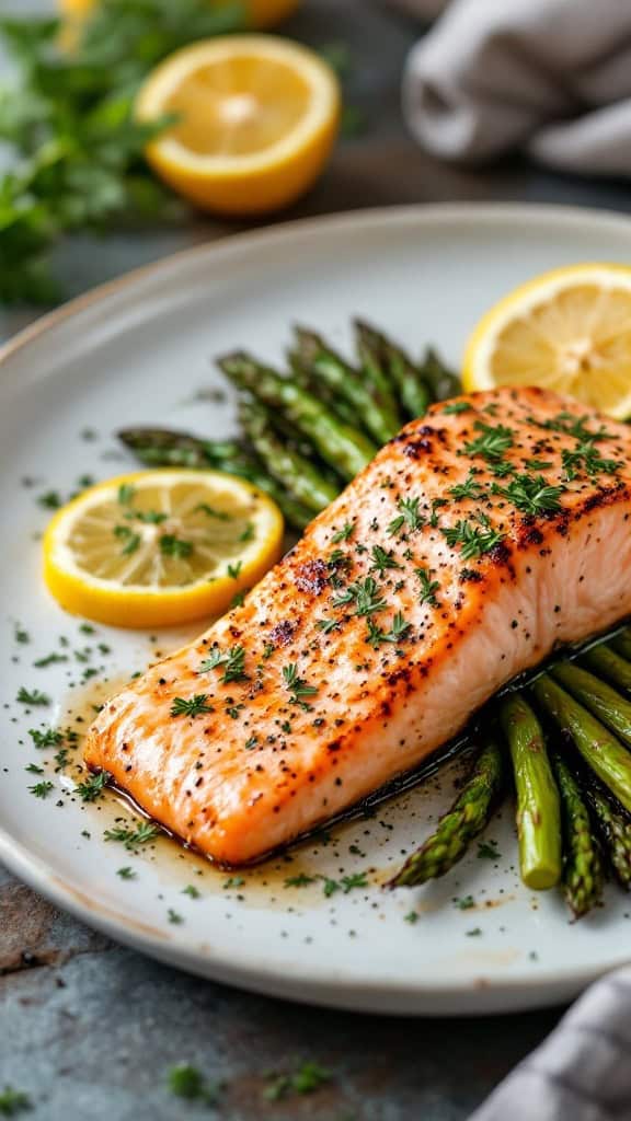 A plate of baked salmon topped with herbs, served alongside asparagus and lemon slices