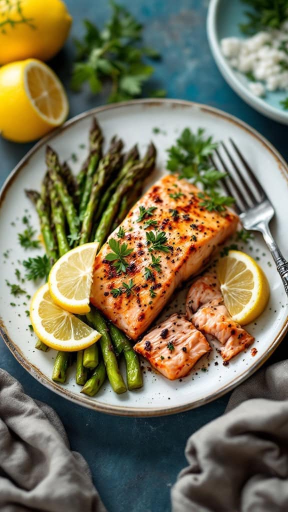 A plate of baked salmon with asparagus, garnished with lemon slices and parsley.