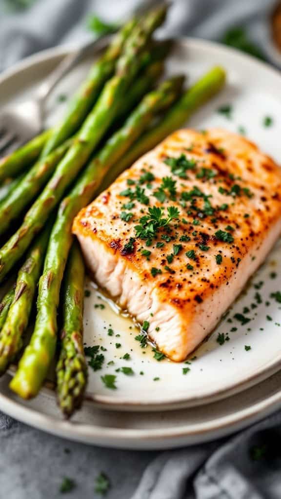Baked salmon served with asparagus on a plate, garnished with parsley.