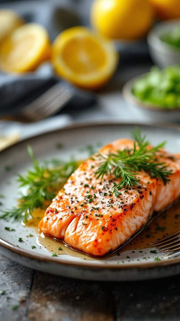 A beautifully baked salmon fillet garnished with dill on a plate, with lemon slices in the background.