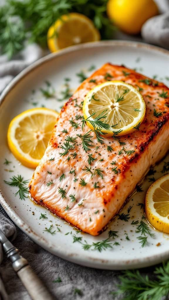 A beautifully baked salmon fillet topped with lemon slices and fresh dill, served on a plate.