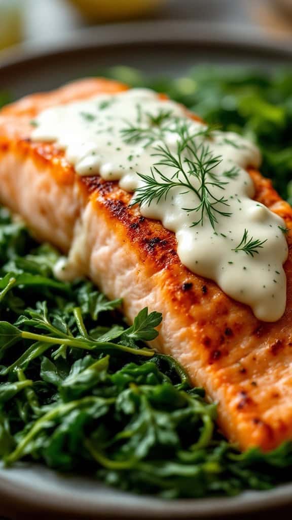 A delicious piece of baked salmon topped with dill sauce, served on a bed of greens.