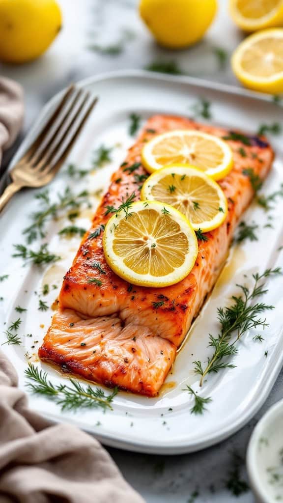 Baked salmon fillet topped with lemon slices and fresh dill, served on a white plate.