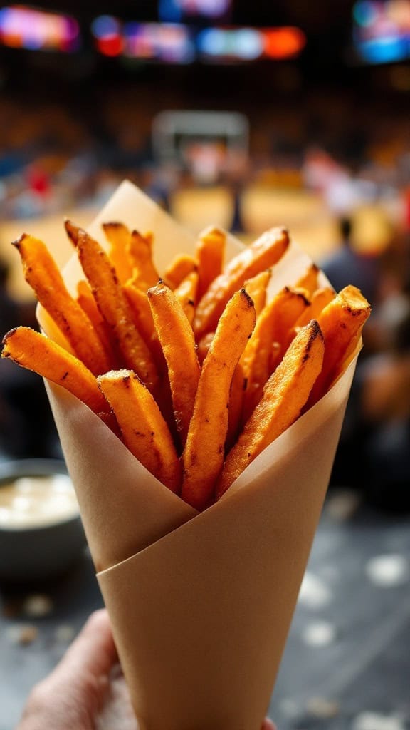 A cone filled with golden brown baked sweet potato fries.