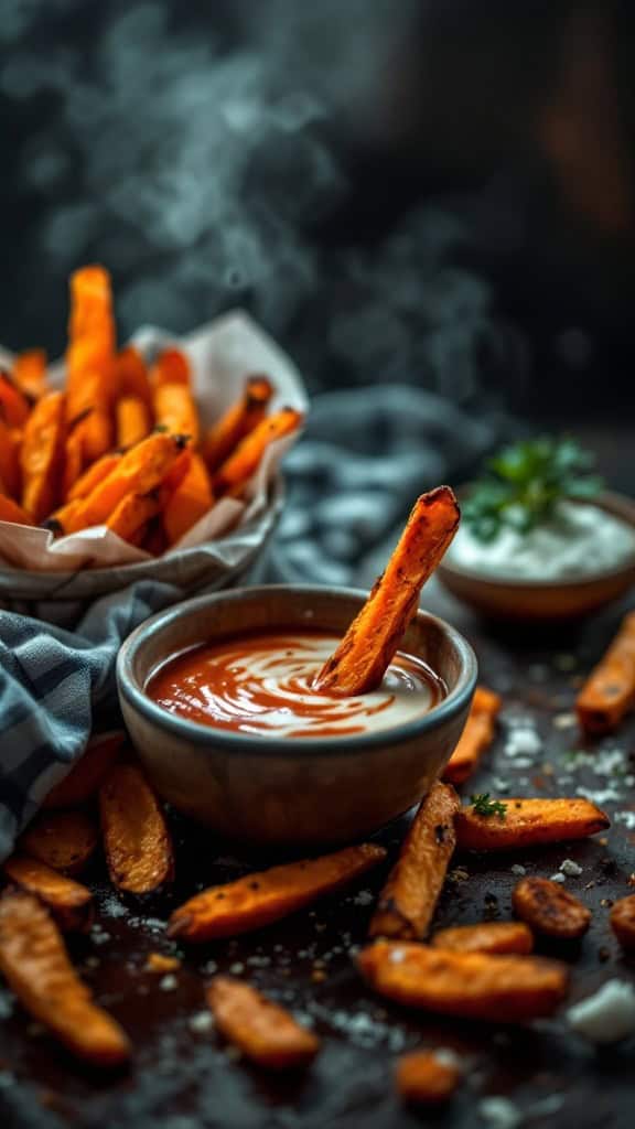 Baked sweet potato fries served with dipping sauces