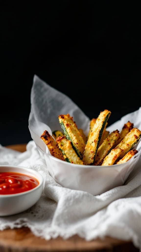 A basket of crispy baked zucchini fries with a side of ketchup.
