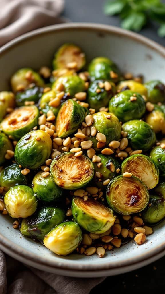 A bowl of balsamic glazed Brussels sprouts topped with pine nuts.