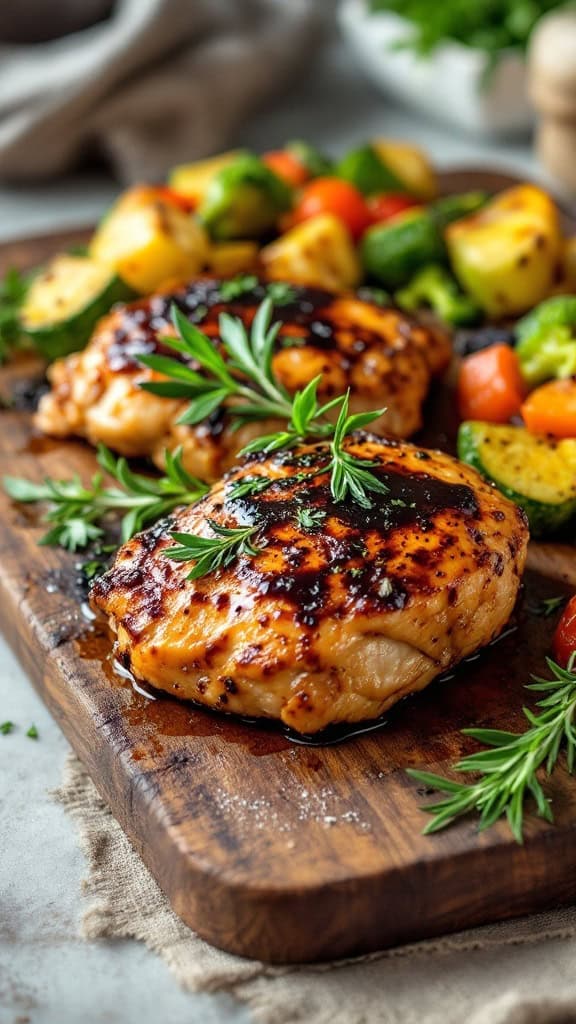 Balsamic glazed chicken thighs served with colorful vegetables on a wooden board