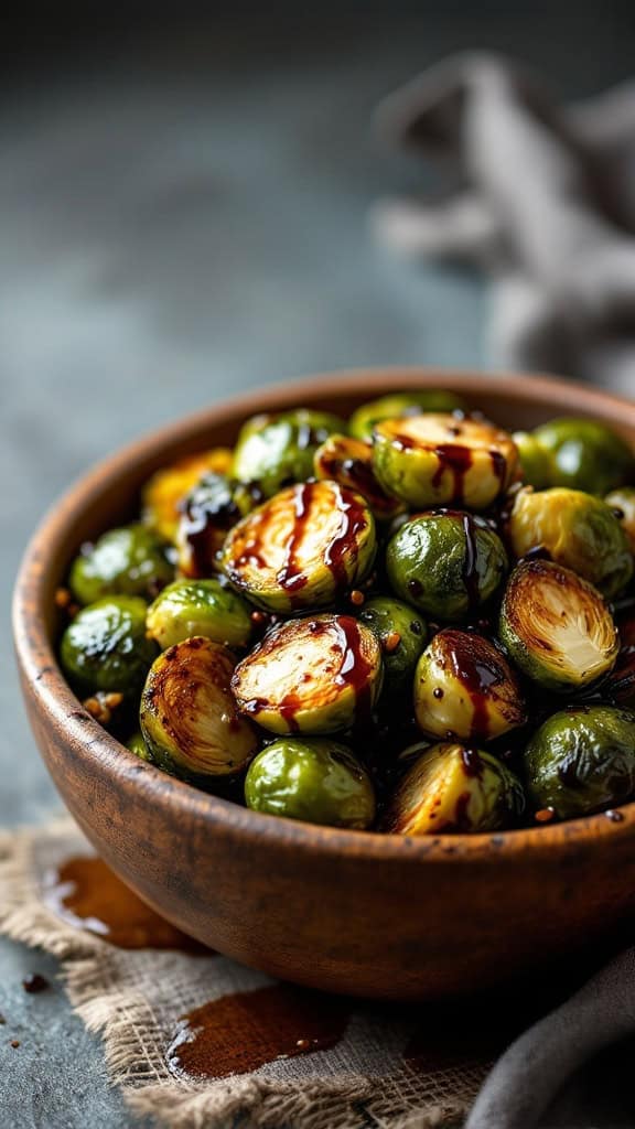 A bowl of balsamic glazed roasted Brussels sprouts.