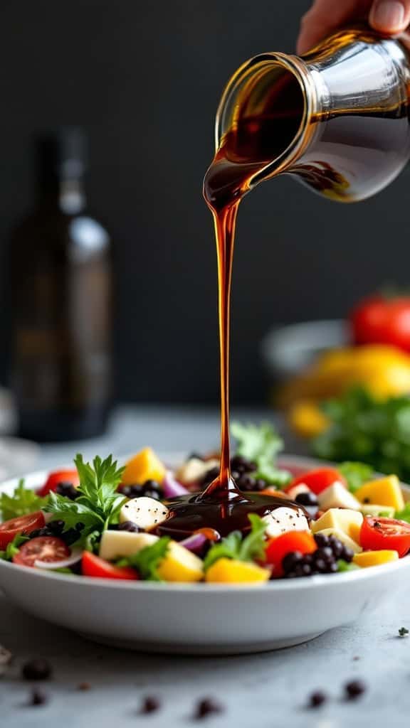 Pouring balsamic reduction dressing over a colorful salad.