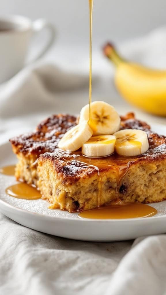A slice of Banana Bread French Toast Casserole topped with banana slices and syrup.
