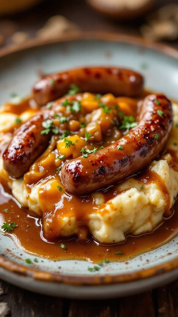 A plate of bangers and mash with sausages and onion gravy.