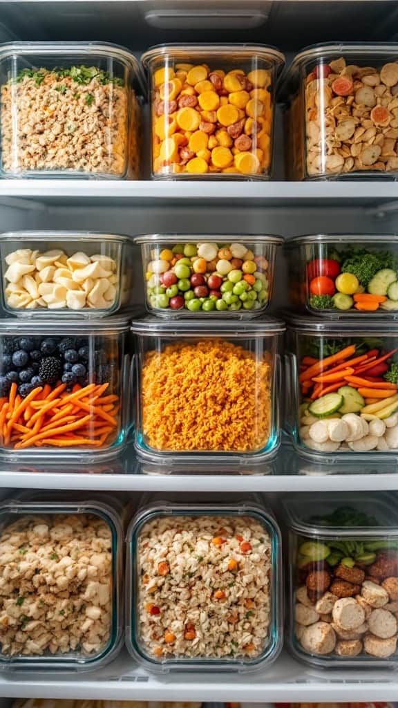 Colorful meal prep containers filled with fresh fruits and vegetables arranged in a refrigerator.