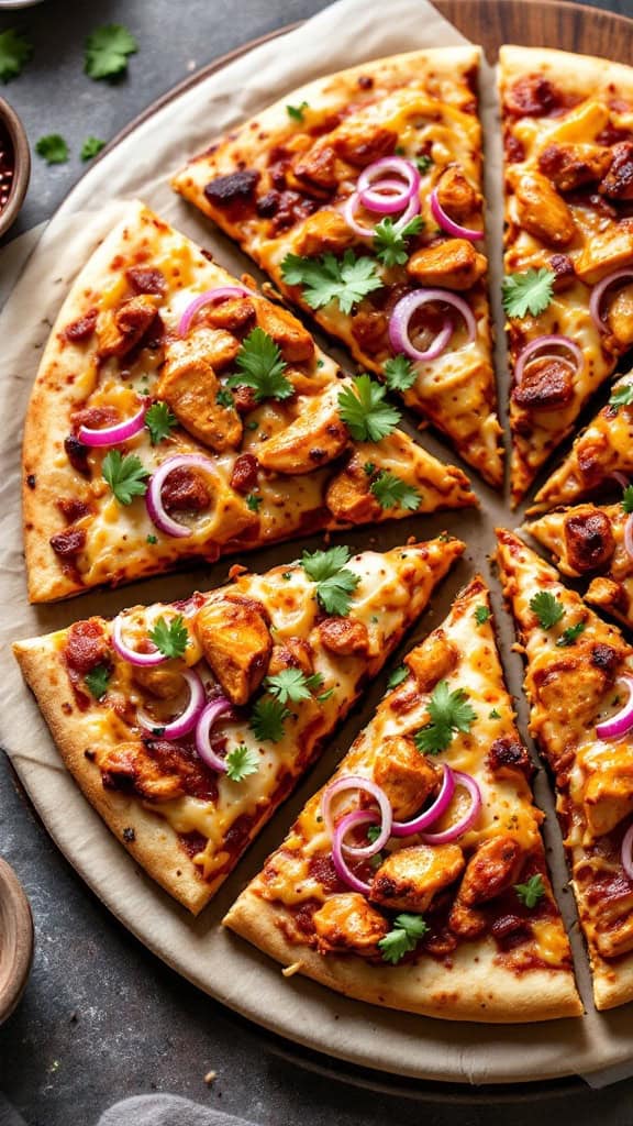 BBQ chicken pizza with chicken pieces, onion slices, and cilantro on a wooden platter.