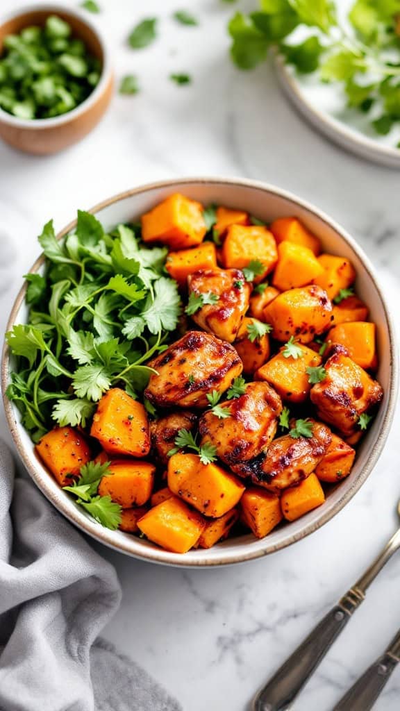 A bowl filled with BBQ chicken pieces and roasted sweet potato cubes, garnished with fresh cilantro.