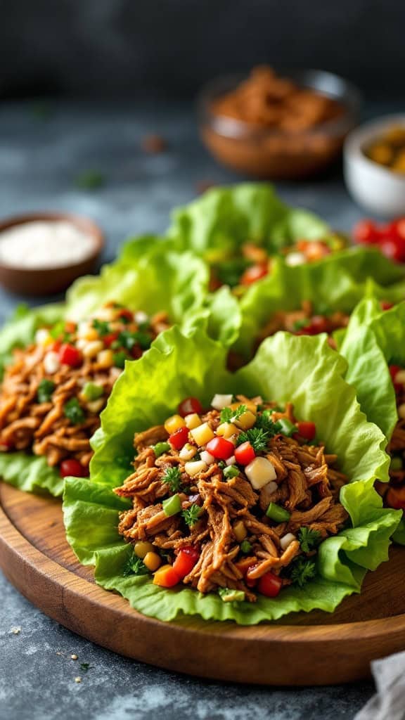 Lettuce wraps filled with BBQ pulled pork and colorful toppings