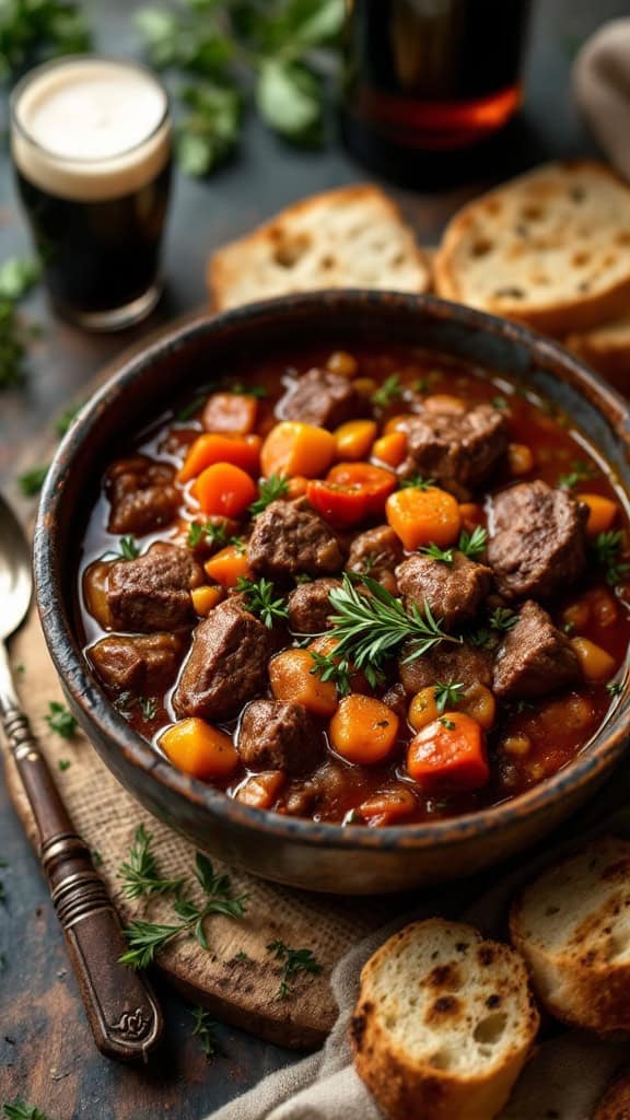 A bowl of hearty beef and Guinness stew with vegetables and fresh herbs.