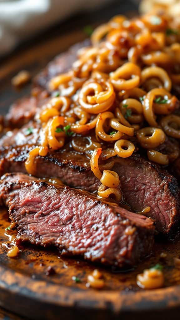 Sliced beef brisket topped with caramelized onions on a wooden platter.