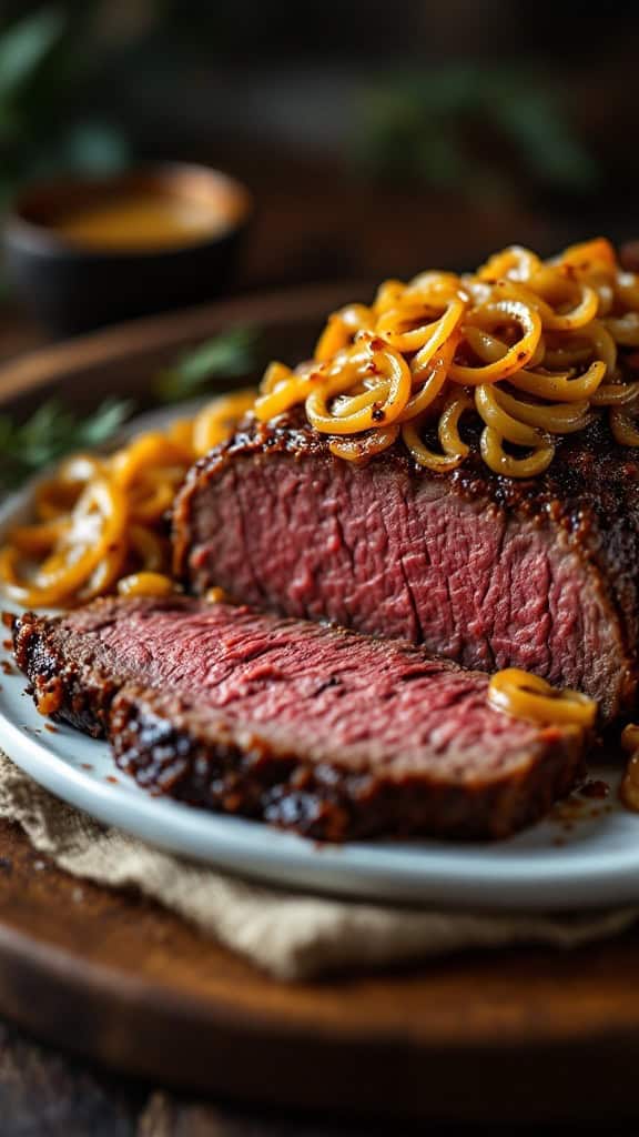 A beautifully cooked beef brisket with caramelized onions on top, sliced on a plate.
