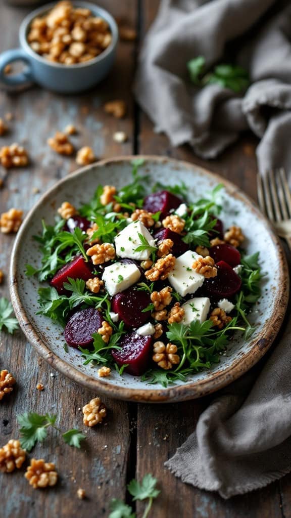A vibrant beet and goat cheese salad with walnuts on a rustic plate, garnished with fresh greens.