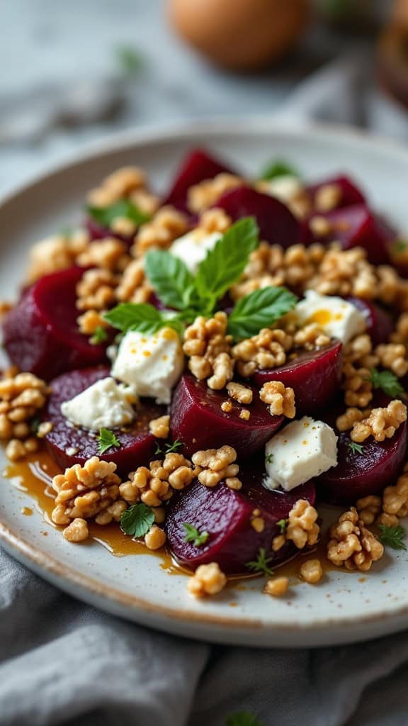 A colorful Beet and Goat Cheese Salad with roasted beets, goat cheese, nuts, and fresh herbs.