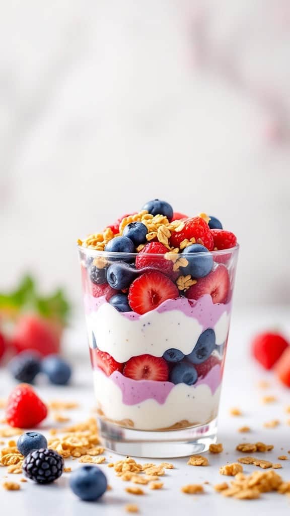 A delicious berry and yogurt parfait with layers of yogurt, strawberries, blueberries, and granola.