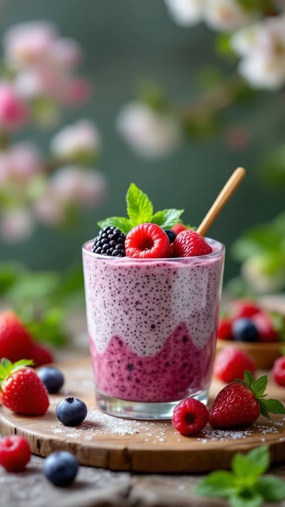 A glass of berry chia seed pudding topped with fresh mint, surrounded by assorted berries.
