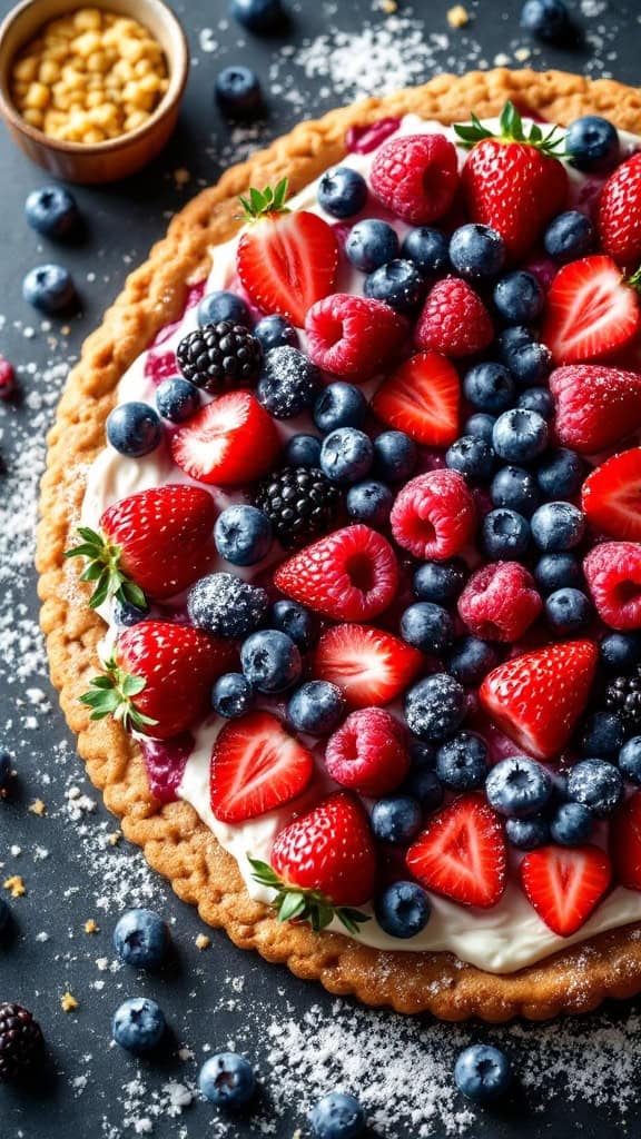 A colorful fruit pizza topped with strawberries, blueberries, and raspberries on a cookie crust.