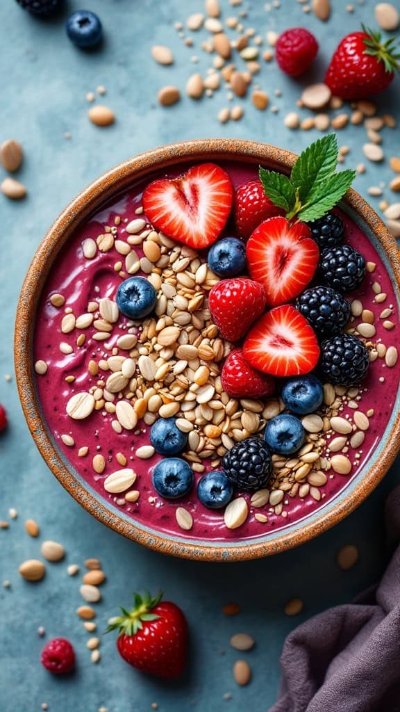 A vibrant berry smoothie bowl topped with various fresh berries and seeds.