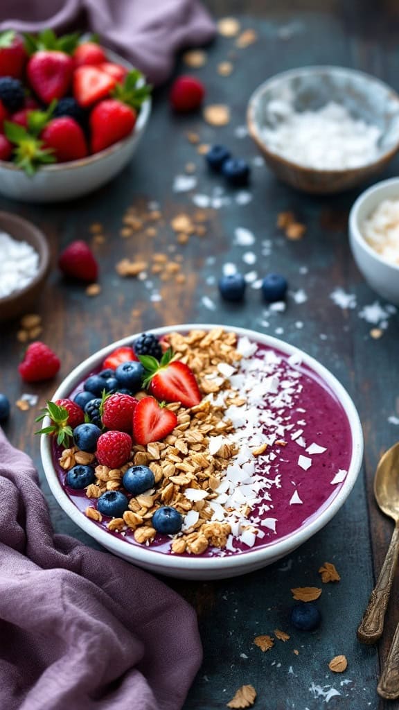 A berry smoothie bowl topped with granola, strawberries, blueberries, raspberries, and shredded coconut, surrounded by fresh berries and a spoon.