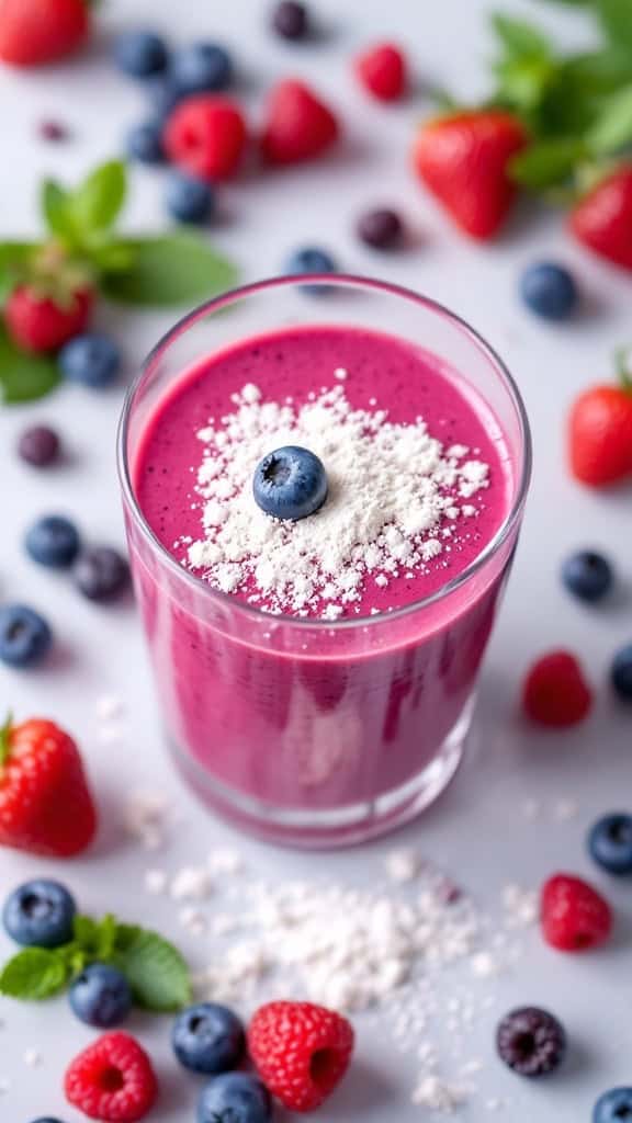 A vibrant berry smoothie topped with a sprinkle of probiotic powder, surrounded by fresh blueberries and raspberries.