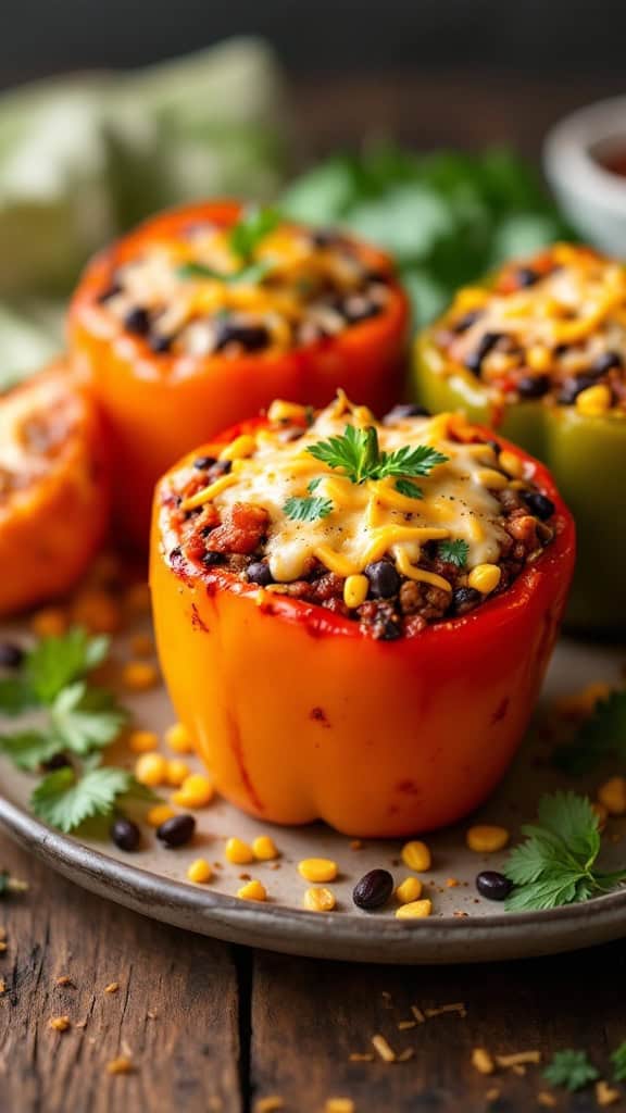 Stuffed bell peppers filled with black beans, corn, and cheese, garnished with cilantro.