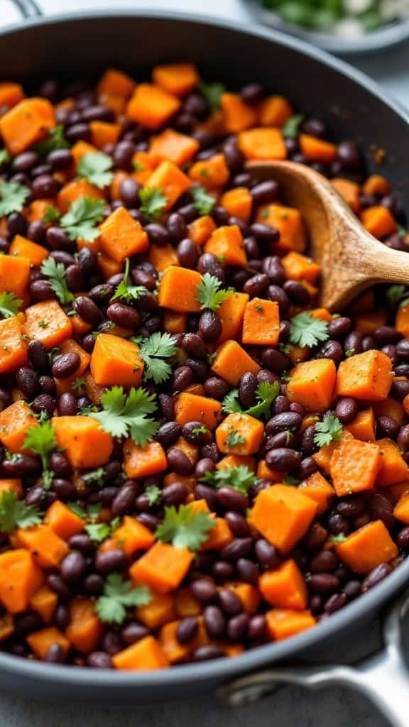 A skillet filled with black beans, diced sweet potatoes, and cilantro, showcasing a colorful and healthy hash.
