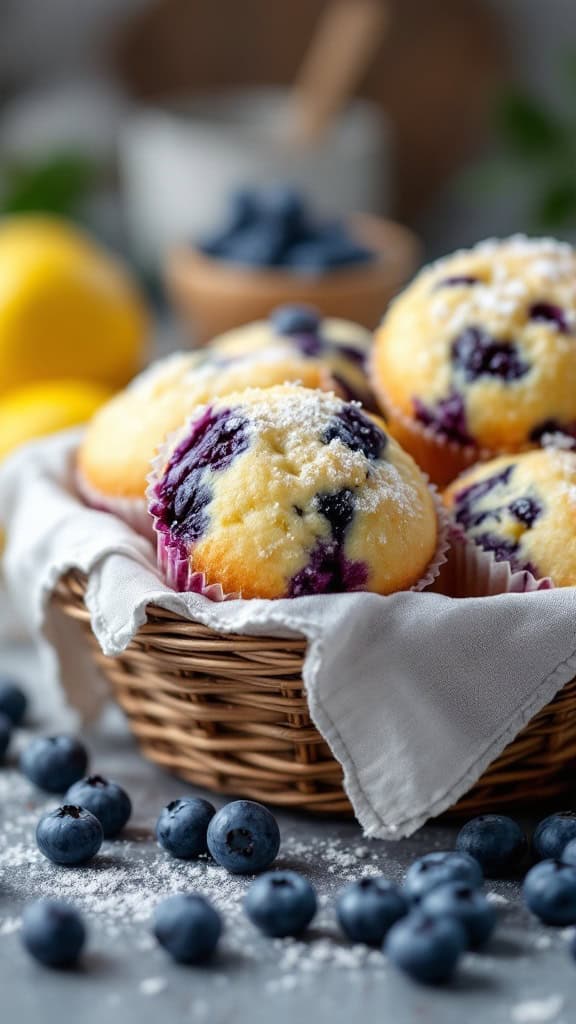 A basket of freshly baked blueberry lemon muffins dusted with powdered sugar, surrounded by fresh blueberries and lemons.