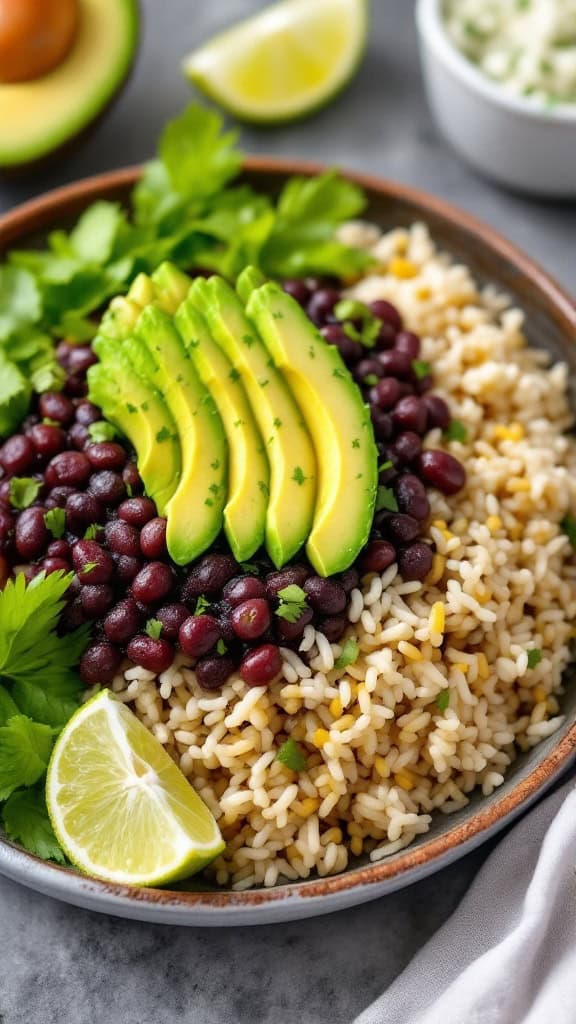 A plate of Brazilian black beans and rice topped with avocado, cilantro, and orange slices surrounded by lime and olive oil.