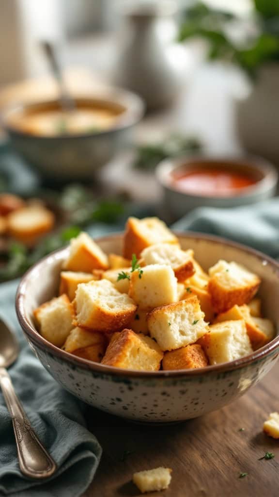 A bowl of golden-brown croutons made from bread crusts, garnished with herbs.