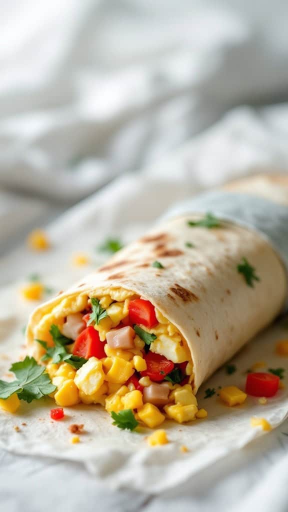 A breakfast burrito filled with eggs, corn, red peppers, and cilantro on a light backdrop.