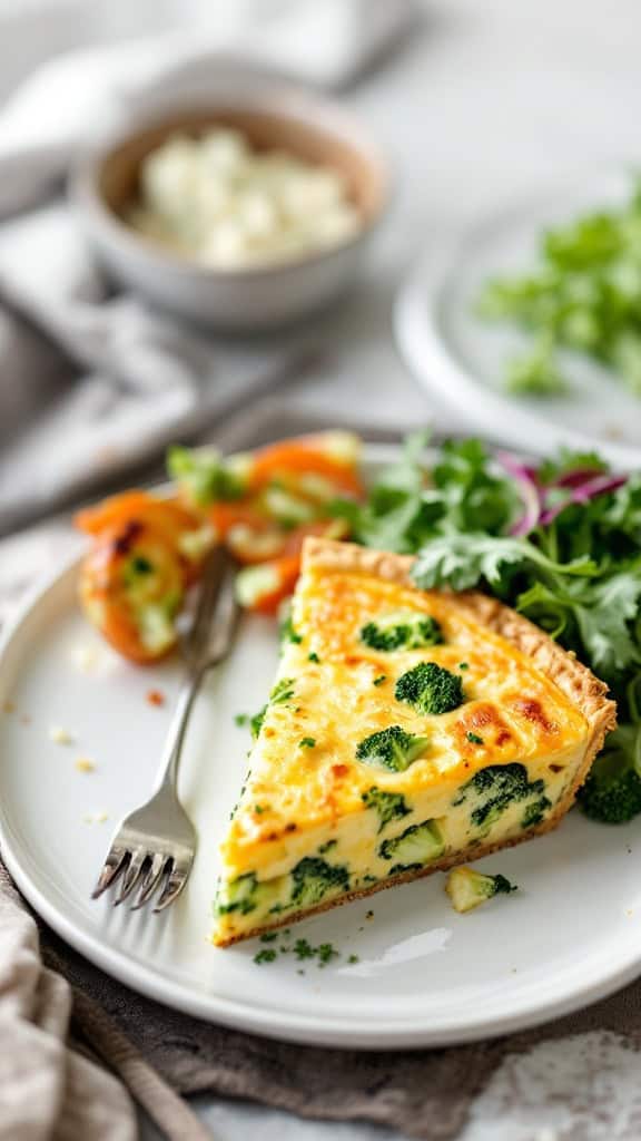 A slice of broccoli and cheese quiche served on a plate with a fork.