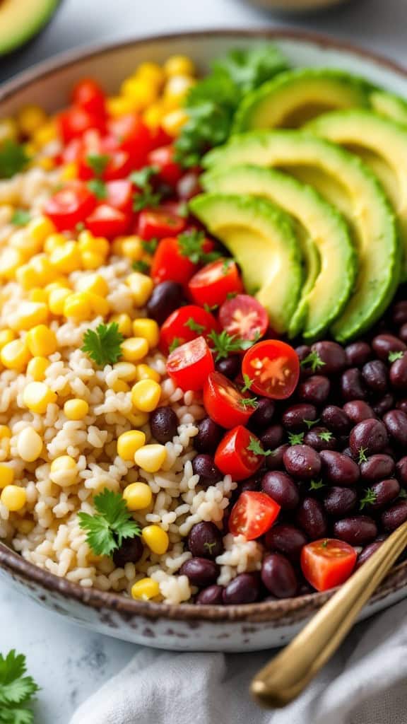 A delicious bowl filled with brown rice, black beans, corn, cherry tomatoes, and avocado slices, garnished with parsley.