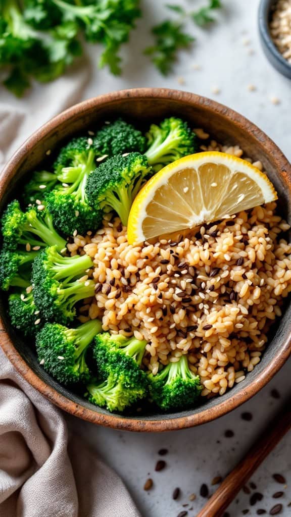 A bowl filled with brown rice, broccoli, and a slice of lemon on top.