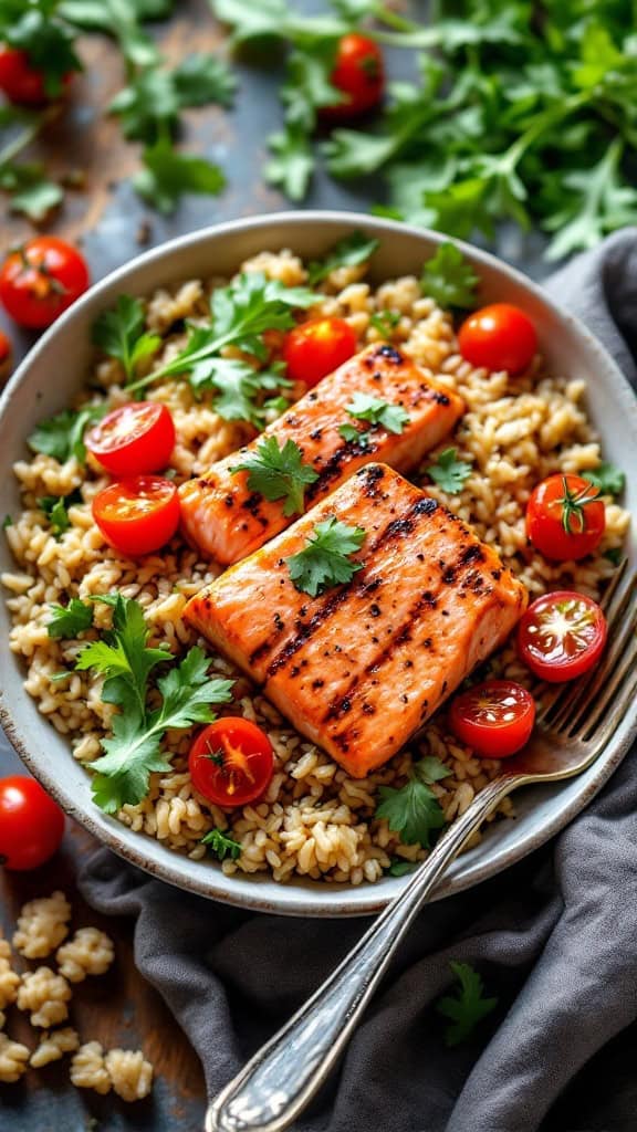 A bowl of brown rice topped with grilled salmon, cherry tomatoes, and fresh herbs.