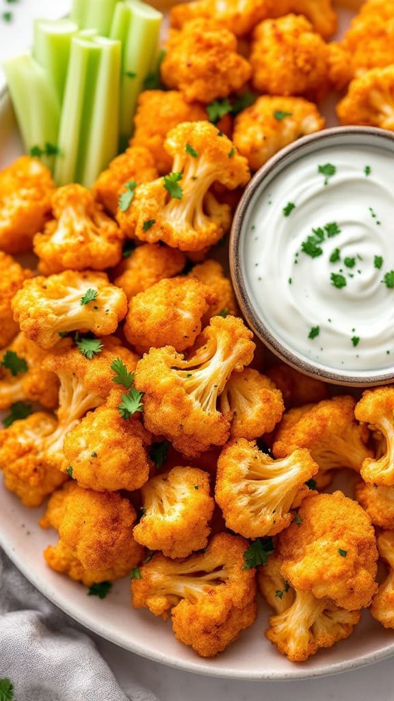 A plate of buffalo cauliflower bites with celery sticks and ranch dip.