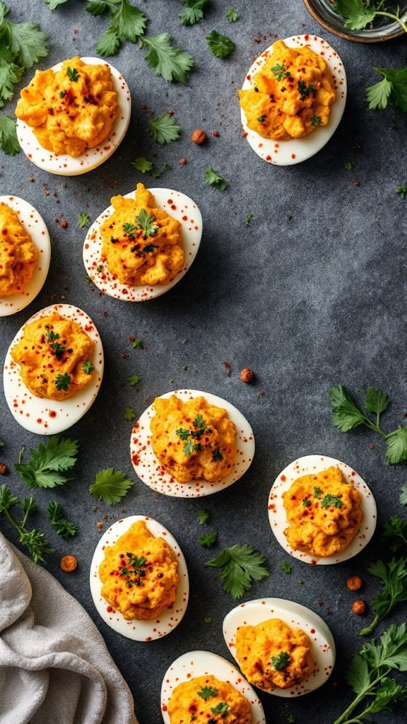 Buffalo cauliflower deviled eggs topped with herbs and spices on a dark background.